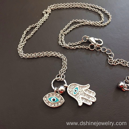 Long Chain Rhinestone Evil Eye Fatima's Hand Pendant Necklace